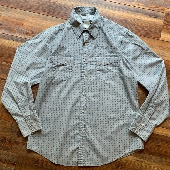 Men's Wrangler Wrancher Pearl Snap Size L Grey With Blue Diamonds - Picture 2 of 15